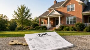 Brick home with a house key and IRS Form 1040, representing homeowner tax breaks.